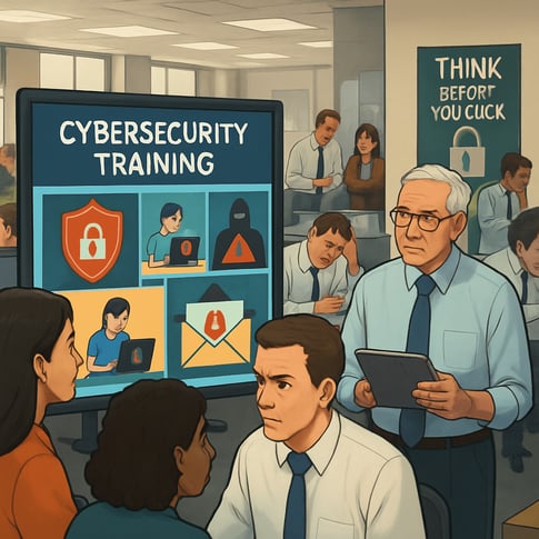 A busy office environment with employees at their desks some looking stressed or overwhelmed with work In the foreground a group of employees gathered around a large screen displaying a cybersecurity training module featuring simple graphics and enga